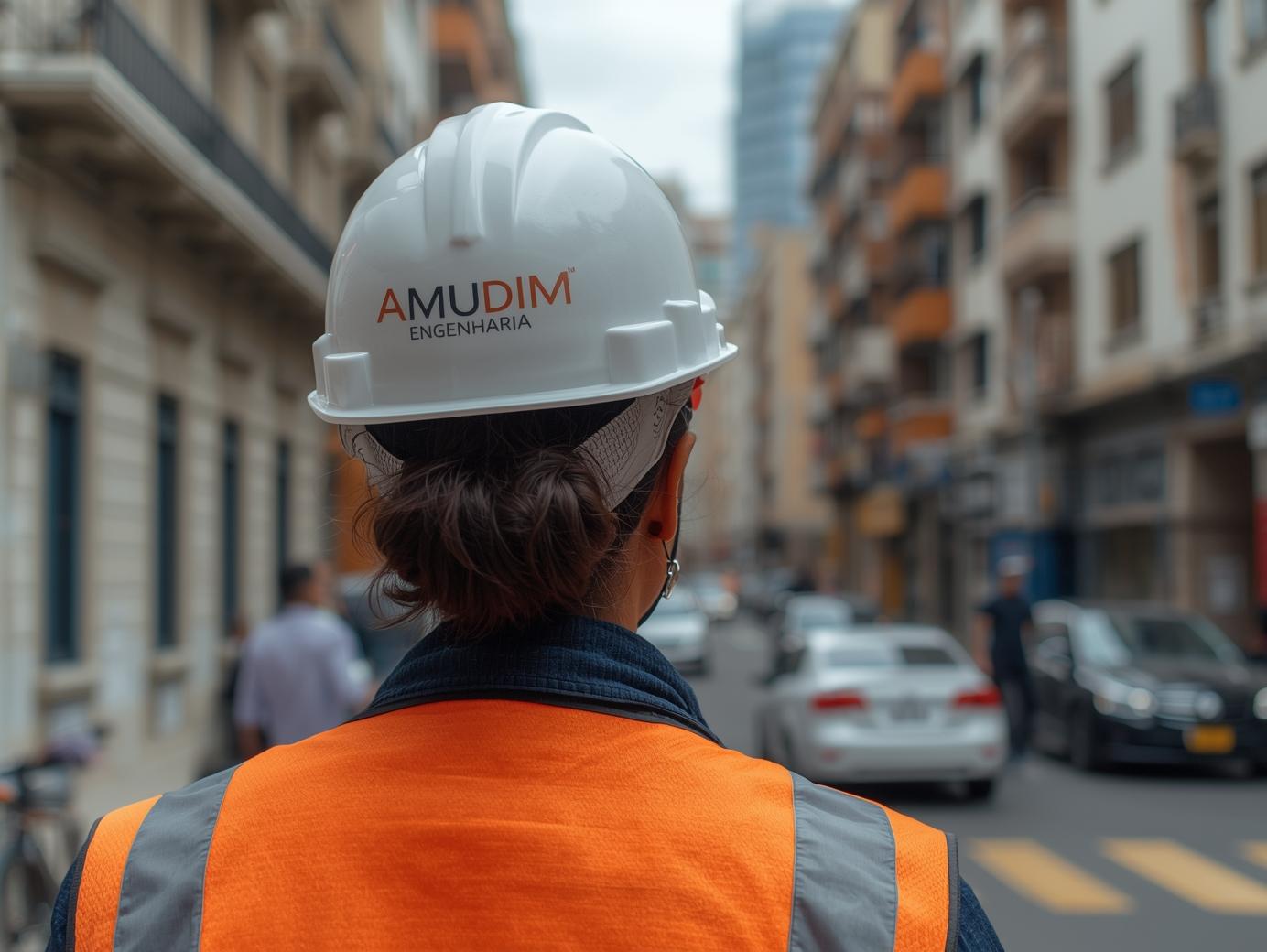 service-1 faça a imagem de alguém de costas fazendo um laudo de estabilidade estrutural usando um capacete da amudim engenharia no centro da cidade em um prédio residencial