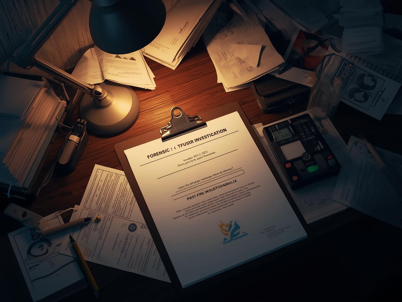 service-1 faça uma imagem de uma prancheta de pericia judicial e pós incêndio sobre uma mesa de escritório