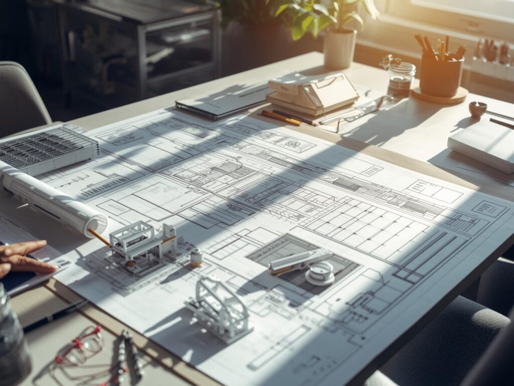 service-1 mesa de escritório de engenharia com projetos sendo desenvolvidos
